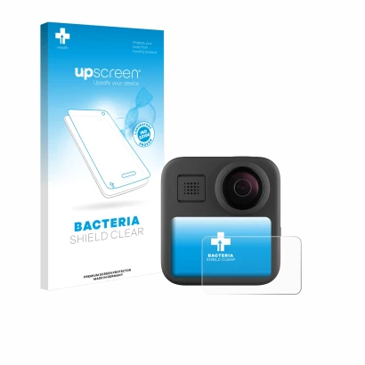 Face avant d’un emballage produit avec le logo de la marque upscreen. À côté, l’appareil GoPro Max (2025) est représenté avec 