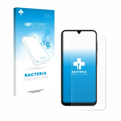 Face avant d’un emballage produit avec le logo de la marque upscreen. À côté, l’appareil Samsung Galaxy A26 5G est représenté