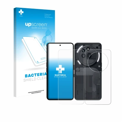 Face avant d’un emballage produit avec le logo de la marque upscreen. À côté, l’appareil Nothing Phone (3a) Pro (Avant+Arrière