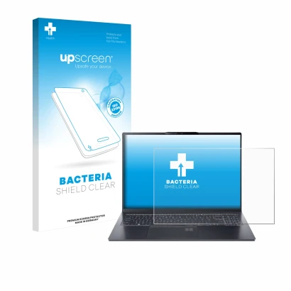 Face avant d’un emballage produit avec le logo de la marque upscreen. À côté, l’appareil Acer Swift Go 16 AI est représenté av