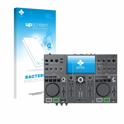 Face avant d’un emballage produit avec le logo de la marque upscreen. À côté, l’appareil Denon DJ Prime Go+ est représenté ave