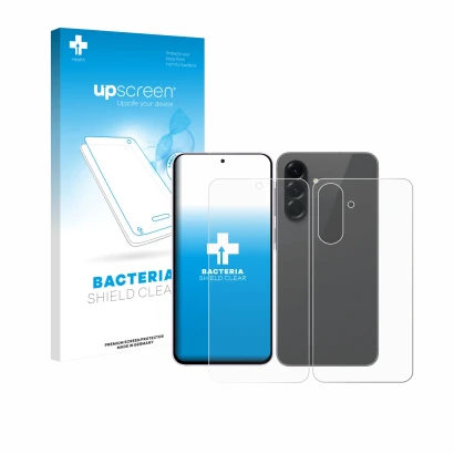 Face avant d’un emballage produit avec le logo de la marque upscreen. À côté, l’appareil Samsung Galaxy A56 5G Enterprise Edit