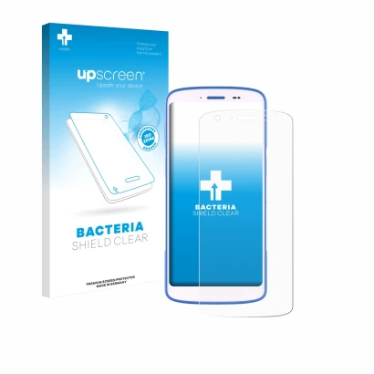 Face avant d’un emballage produit avec le logo de la marque upscreen. À côté, l’appareil Zebra HC 25 est représenté avec la pr