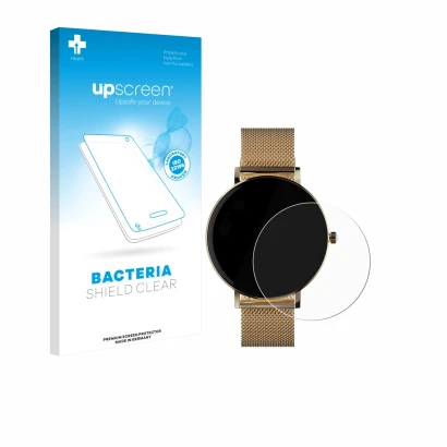 Face avant d’un emballage produit avec le logo de la marque upscreen. À côté, l’appareil ZenWatch Venice Pro est représenté av