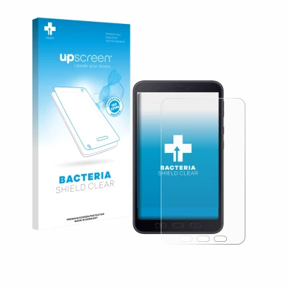 Face avant d’un emballage produit avec le logo de la marque upscreen. À côté, l’appareil Samsung galaxy Tab Active 5 5G Enterp