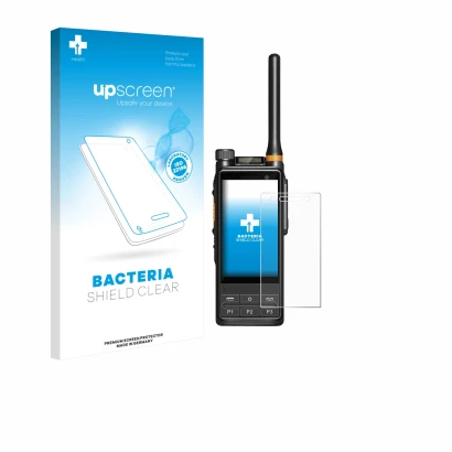 Face avant d’un emballage produit avec le logo de la marque upscreen. À côté, l’appareil Hytera PDC680 est représenté avec la