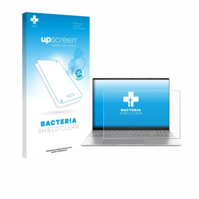 Face avant d’un emballage produit avec le logo de la marque upscreen. À côté, l’appareil ASUS Vivobook S16 S3607 est représent