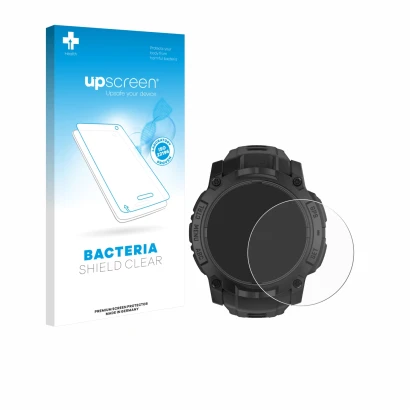 Face avant d’un emballage produit avec le logo de la marque upscreen. À côté, l’appareil Garmin Instinct 3 Solar Tactical Edit