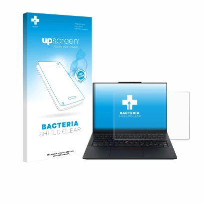 Face avant d’un emballage produit avec le logo de la marque upscreen. À côté, l’appareil Lenovo ThinkPad E14 Gen 7 est représe