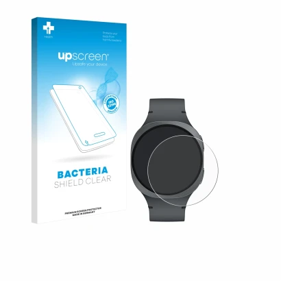 Face avant d’un emballage produit avec le logo de la marque upscreen. À côté, l’appareil Samsung Galaxy Watch 8 (40 mm) est re