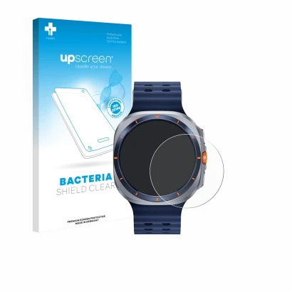 Face avant d’un emballage produit avec le logo de la marque upscreen. À côté, l’appareil Samsung Galaxy Watch Ultra 2 (47 mm) 