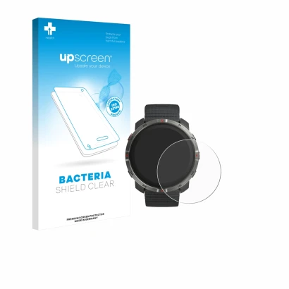 Face avant d’un emballage produit avec le logo de la marque upscreen. À côté, l’appareil Polar Grit X2 est représenté avec la 