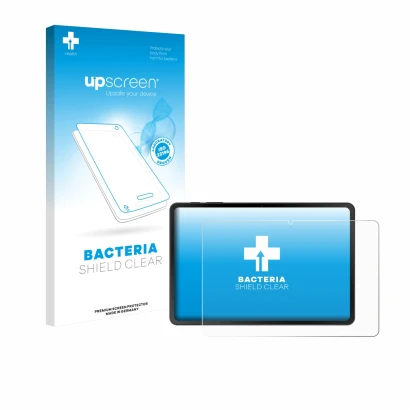 Face avant d’un emballage produit avec le logo de la marque upscreen. À côté, l’appareil Doogee Tab A9 est représenté avec la 