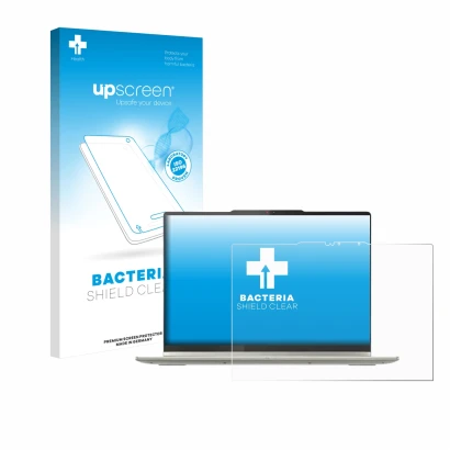 Face avant d’un emballage produit avec le logo de la marque upscreen. À côté, l’appareil Lenovo Yoga 7 2-in-1 Gen 10 14