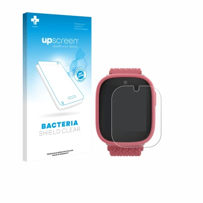 Face avant d’un emballage produit avec le logo de la marque upscreen. À côté, l’appareil Xplora X6 Play 2025 (2ème génération)