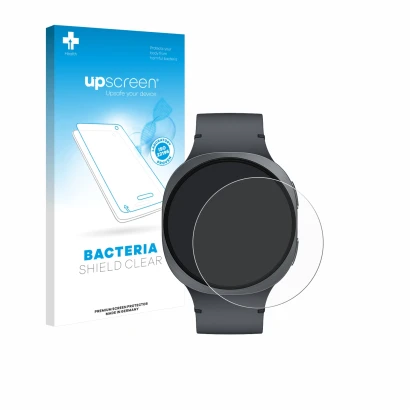 Face avant d’un emballage produit avec le logo de la marque upscreen. À côté, l’appareil Samsung Galaxy Watch 8 (44 mm) est re