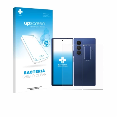 Face avant d’un emballage produit avec le logo de la marque upscreen. À côté, l’appareil Samsung Galaxy Z Fold 7 (Avant+Arrièr