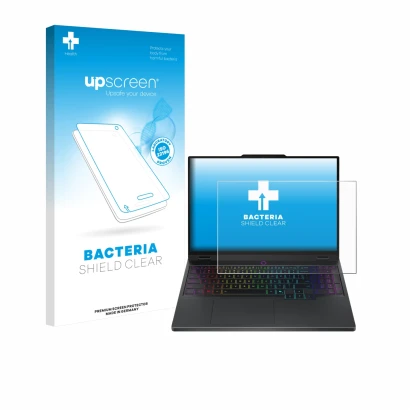 Face avant d’un emballage produit avec le logo de la marque upscreen. À côté, l’appareil Lenovo Legion 5 15IRX10 83LY est repr