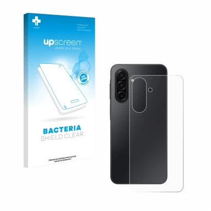 Face avant d’un emballage produit avec le logo de la marque upscreen. À côté, l’appareil Samsung Galaxy A17 5G (Arrière) est r