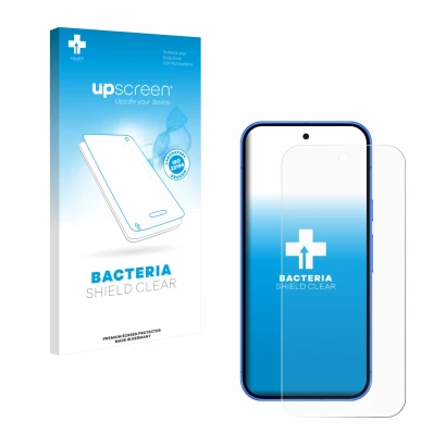 Face avant d’un emballage produit avec le logo de la marque upscreen. À côté, l’appareil Google Pixel 10 est représenté avec l