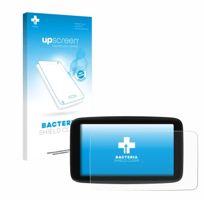 Face avant d’un emballage produit avec le logo de la marque upscreen. À côté, l’appareil TomTom GO Classic 5" (2ème génération
