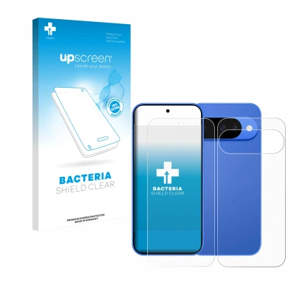 Face avant d’un emballage produit avec le logo de la marque upscreen. À côté, l’appareil Google Pixel 10 (Avant+Arrière) est r