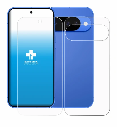 Image de l'appareil Google Pixel 10 (Avant+Arrière) avec une grande variété de protections d'écran.
