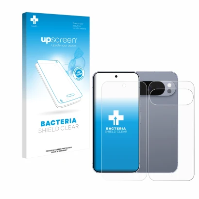 Face avant d’un emballage produit avec le logo de la marque upscreen. À côté, l’appareil Google Pixel 10 Pro (Avant+Arrière) e