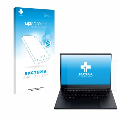 Face avant d’un emballage produit avec le logo de la marque upscreen. À côté, l’appareil Razer Blade 14 2025 est représenté av