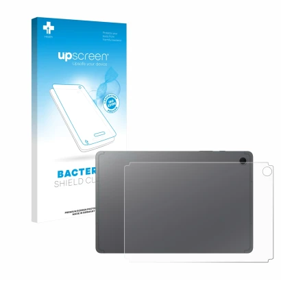 Face avant d’un emballage produit avec le logo de la marque upscreen. À côté, l’appareil Samsung Galaxy Tab S10 Lite (Arrière)