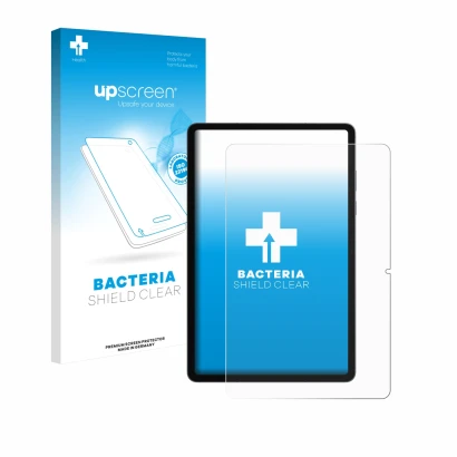 Face avant d’un emballage produit avec le logo de la marque upscreen. À côté, l’appareil Samsung Galaxy Tab S11 (portrait) est