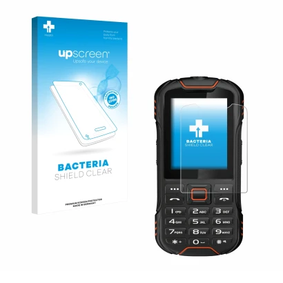 Face avant d’un emballage produit avec le logo de la marque upscreen. À côté, l’appareil Gigaset GLX8 est représenté avec la p