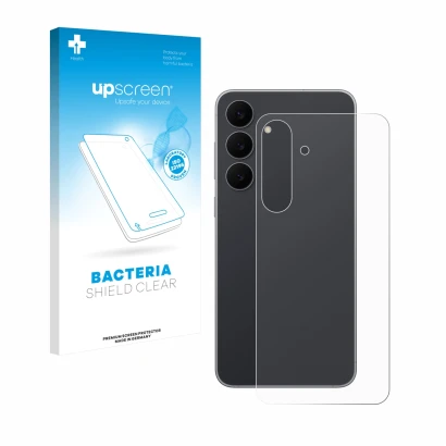Face avant d’un emballage produit avec le logo de la marque upscreen. À côté, l’appareil Samsung Galaxy S25 FE (Arrière) est r