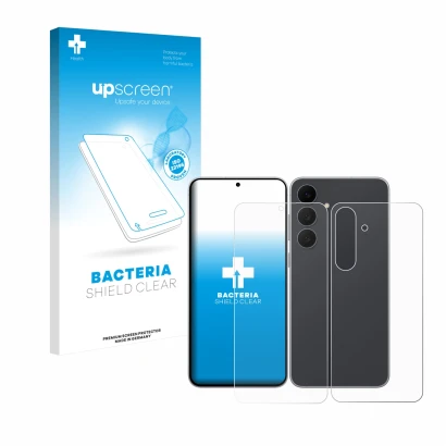 Face avant d’un emballage produit avec le logo de la marque upscreen. À côté, l’appareil Samsung Galaxy S25 FE (Avant+Arrière)