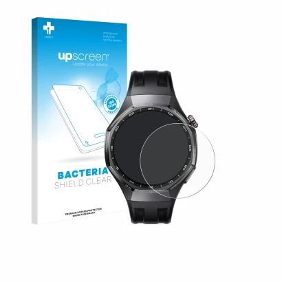 Face avant d’un emballage produit avec le logo de la marque upscreen. À côté, l’appareil Huawei Watch GT 6 Pro (46 mm) est rep