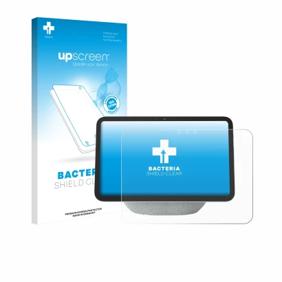 Face avant d’un emballage produit avec le logo de la marque upscreen. À côté, l’appareil Amazon Echo Show 8 2025 (4ème Gen.) e