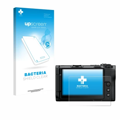 Face avant d’un emballage produit avec le logo de la marque upscreen. À côté, l’appareil Nikon ZR est représenté avec la prote