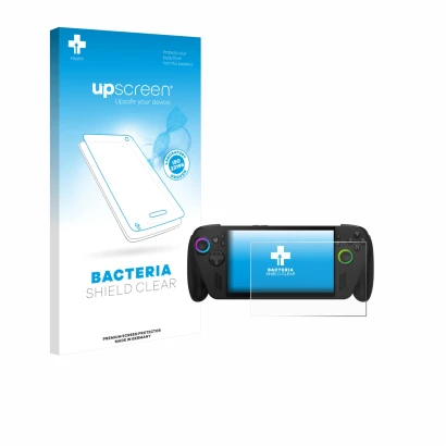 Face avant d’un emballage produit avec le logo de la marque upscreen. À côté, l’appareil ASUS ROG Ally X 2025 est représenté a