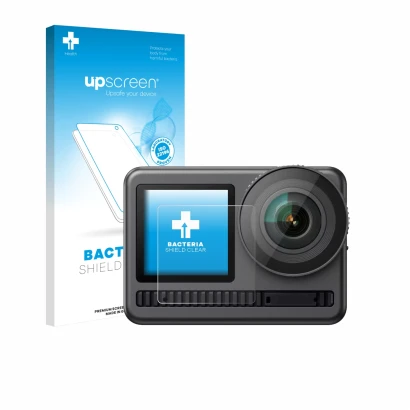 Face avant d’un emballage produit avec le logo de la marque upscreen. À côté, l’appareil Akaso Brave 8 (Affichage avant) est r