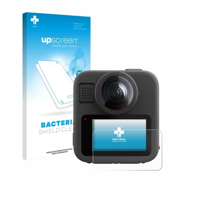 Face avant d’un emballage produit avec le logo de la marque upscreen. À côté, l’appareil GoPro Max 2 est représenté avec la pr
