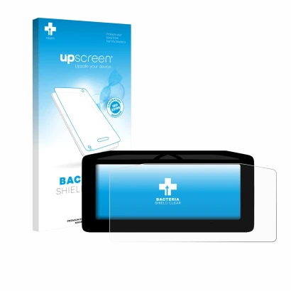 Face avant d’un emballage produit avec le logo de la marque upscreen. À côté, l’appareil Ducati XDiavel V4 2025 Affichage de l