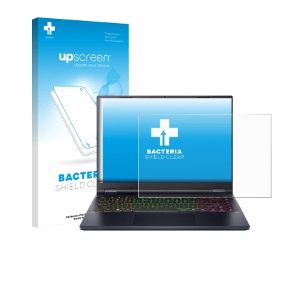 Face avant d’un emballage produit avec le logo de la marque upscreen. À côté, l’appareil Acer Predator Helios Neo 14 AI est re