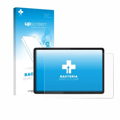 Face avant d’un emballage produit avec le logo de la marque upscreen. À côté, l’appareil Lenovo Idea Tab 11