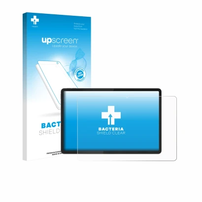 Face avant d’un emballage produit avec le logo de la marque upscreen. À côté, l’appareil Lenovo Idea Tab Plus 12.1