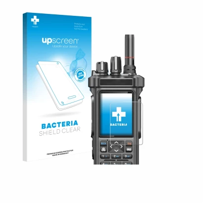 Face avant d’un emballage produit avec le logo de la marque upscreen. À côté, l’appareil Radtel RT-950 Pro est représenté avec