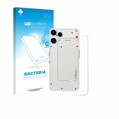 Face avant d’un emballage produit avec le logo de la marque upscreen. À côté, l’appareil Nothing Phone (3a) Lite (Arrière) est