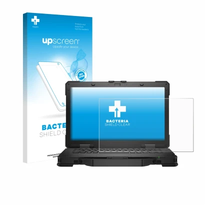 Face avant d’un emballage produit avec le logo de la marque upscreen. À côté, l’appareil Dell Pro Rugged 14 Laptop est représe