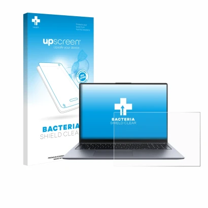 Face avant d’un emballage produit avec le logo de la marque upscreen. À côté, l’appareil Huawei MateBook D 16 2024 est représe