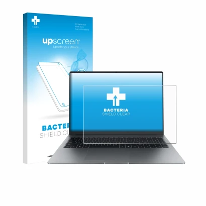 Face avant d’un emballage produit avec le logo de la marque upscreen. À côté, l’appareil Honor MagicBook X16 Plus 2025 est rep