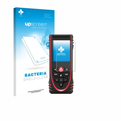 Face avant d’un emballage produit avec le logo de la marque upscreen. À côté, l’appareil Leica DISTO X3 est représenté avec la